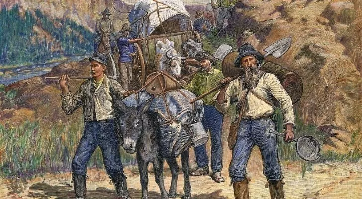 A drawing of people during gate gold rush in California during the 19th century