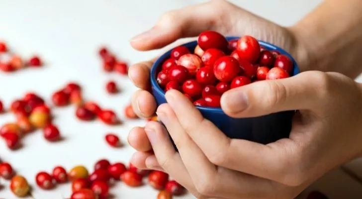 A blue bowl of cranberries