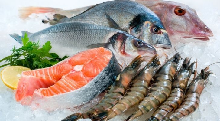 Muchos mariscos diferentes en hielo.