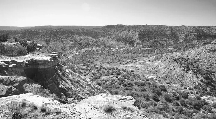 A black and white photo of northern Texas land
