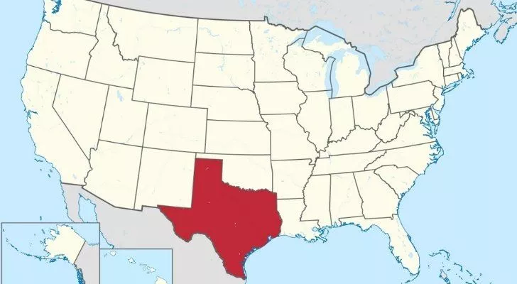 Texas in bold red on a map of the US