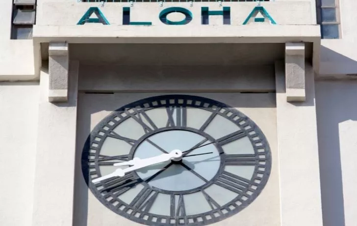 A clock with "ALOHA" written about it