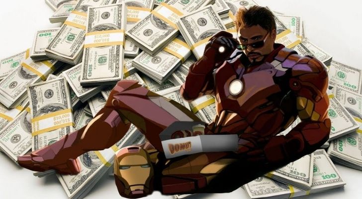Iron Man with loads of bundles of cash behind him