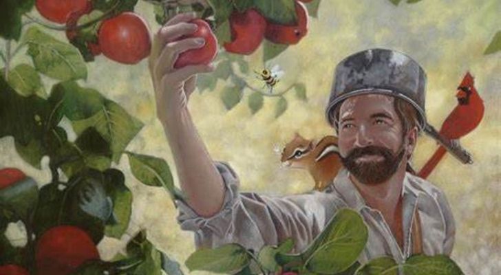 Johnny Appleseed picking an apple
