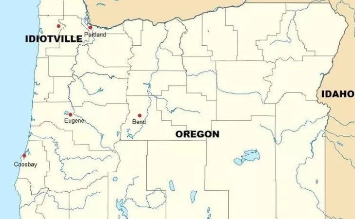 A map of Oregon showing Idiotville in the North West