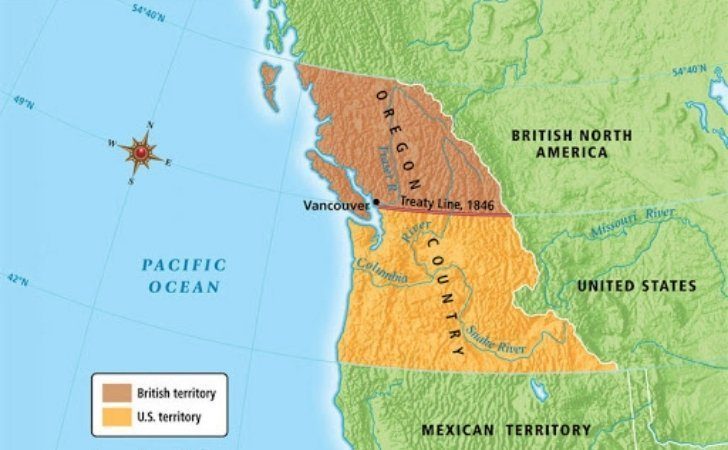 A map showing the regions surround Oregon and who owned them