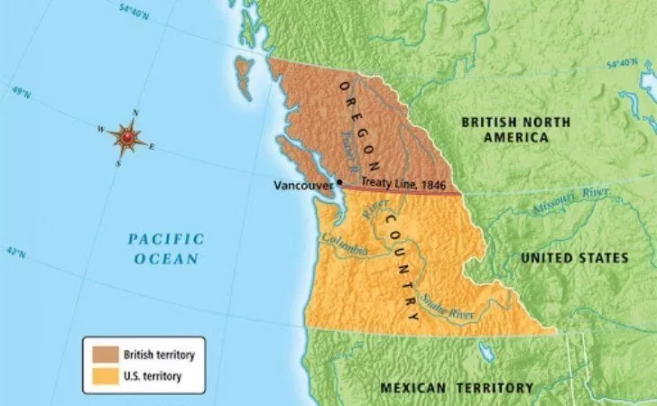 A map showing the regions surround Oregon and who owned them