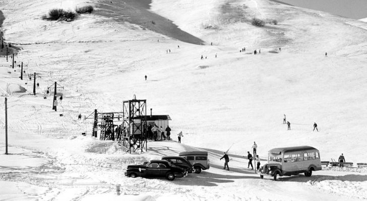 An old photograph of the first ski lift in Nebraska