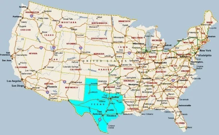 A map of the US showing how large the state of Texas is
