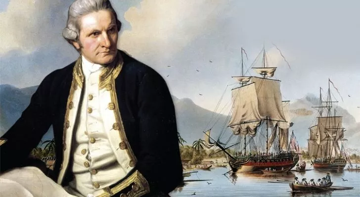 Captain James cook with a ship behind him
