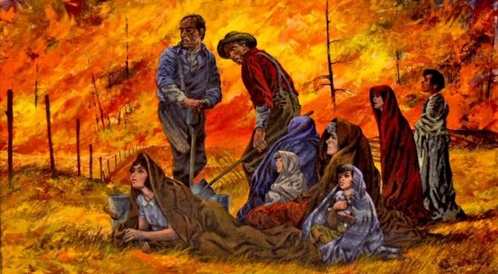 An artist impression of people suffering the 1871 Wisconsin wildfire