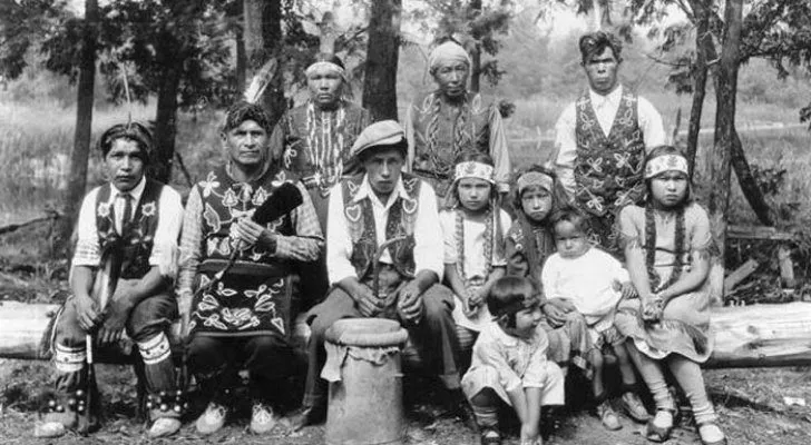 A black and white photo of Menominee people