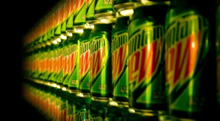 Lots of cans of Mountain Dew