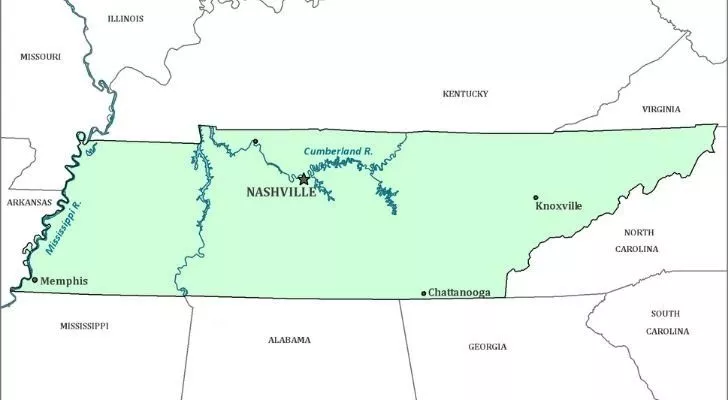 A map showing Tennessee and surrounding states