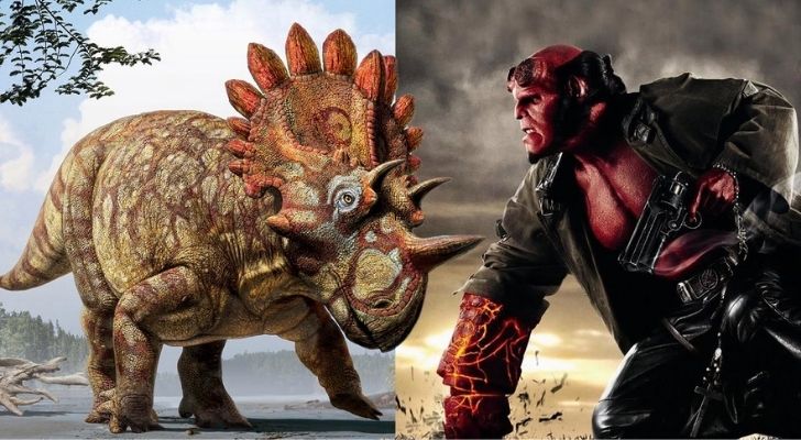 Hellboy dinosaur on the left and Hellboy on the right
