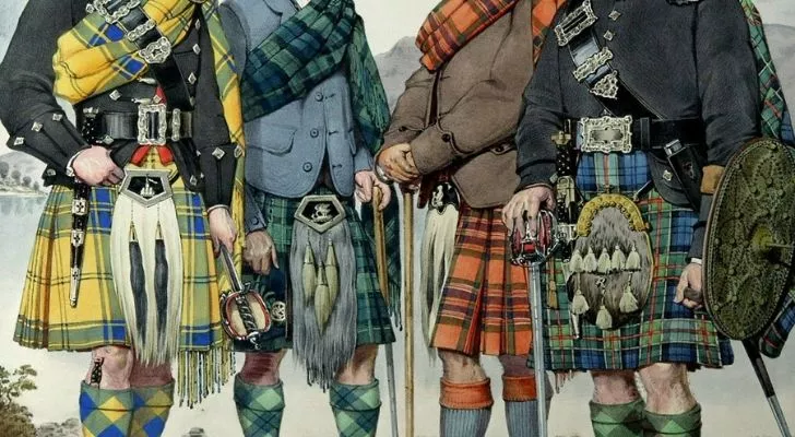 A drawing of four people in kilts