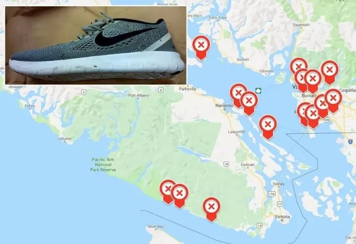 A map pointing out where peoples feet in Canada have washed ashore