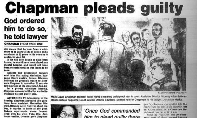 OTD in 1981: Mark David Chapman pleaded guilty to the murder of John Lennon in New York.