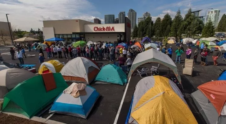 People camping out in tents outside Chick-fil-a