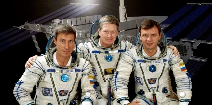 A photo of Yuri Gidzenko, Sergei K. Krikalev and, and Bill Shepherd