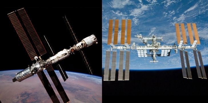 The ISS in 2000 and in 2015 with more modules attached