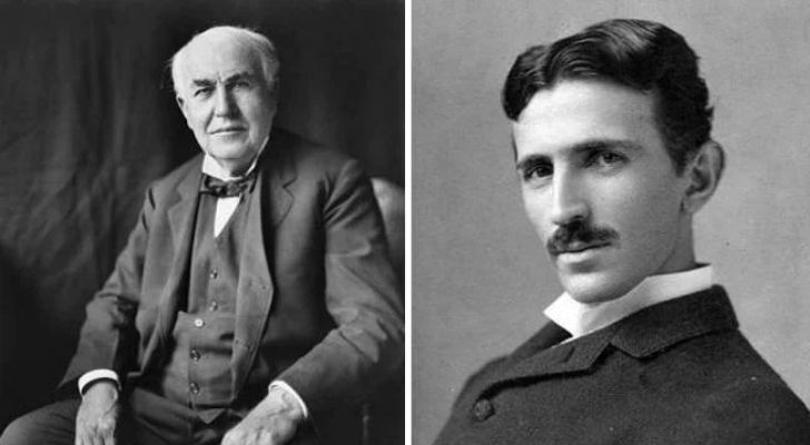 Portrait of Thomas Edison and Nikola Tesla.