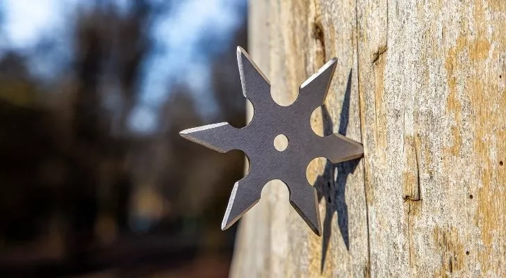 A shuriken that's propped on wood.