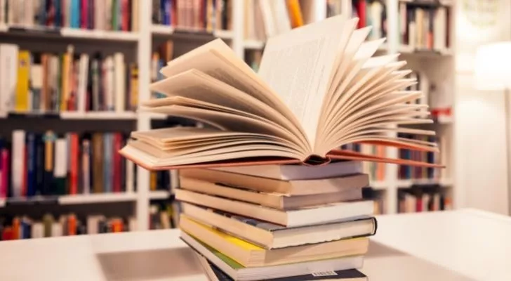 Pile of books on a table