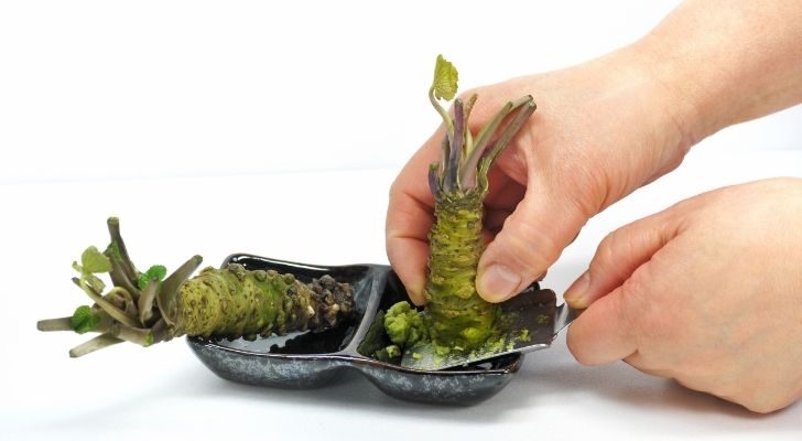 A person using wasabi grater or oroshigane.