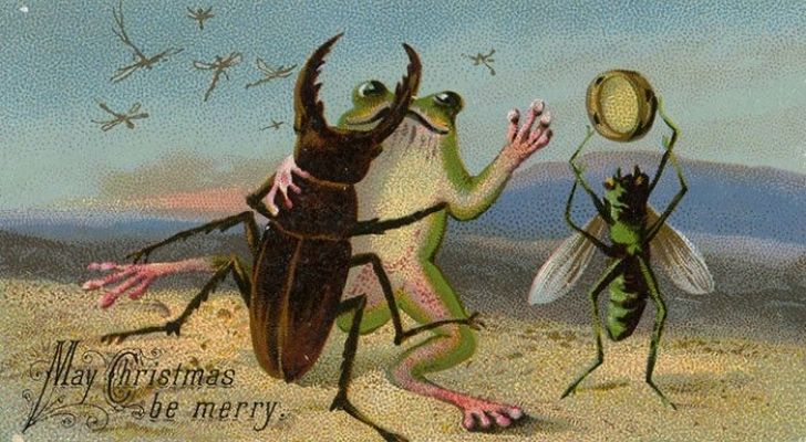 A weird Christmas card showing a beetle dancing with a frog.