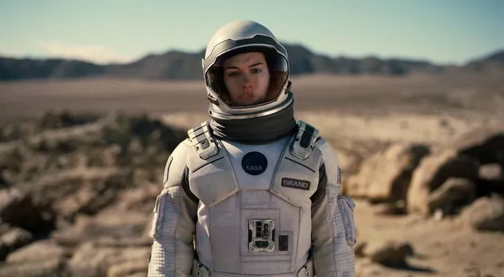 Actress Anne Hathaway wearing the space suit in Interstellar.