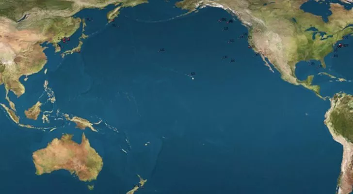 A map showing the Pacific Ocean and countries around it