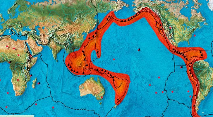 A map showing a red line outline of the Ring of Fire