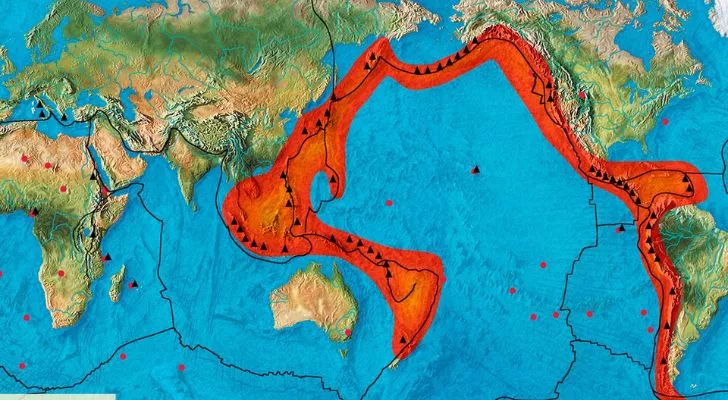 A map showing a red line outline of the Ring of Fire