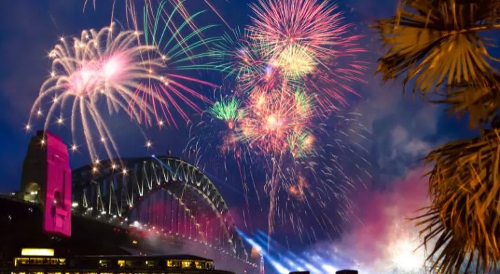 Fireworks celebrating New Years Day over a city bridge