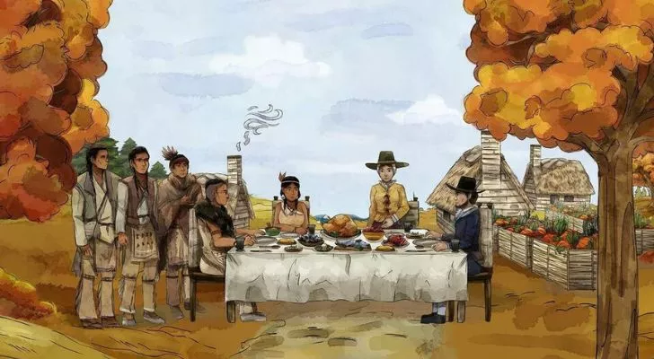 An illustration of people getting together for Thanksgiving