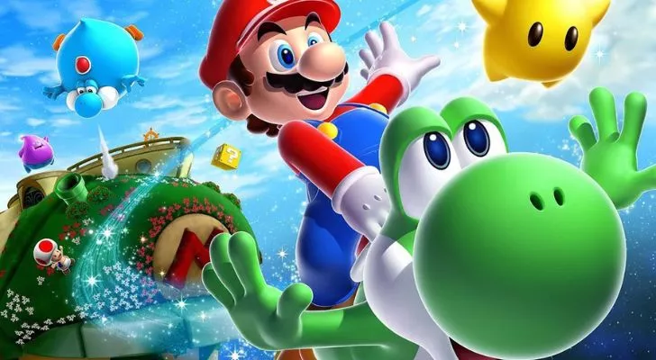 Mario riding Yoshi who's just happy to be with his best friend