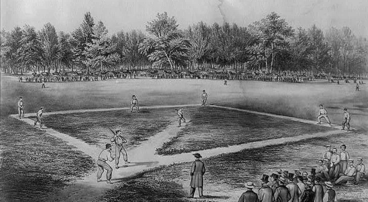 A black and white illustration of a 19th century baseball game