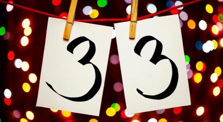 A banner with the number 33, with party lights in the background.