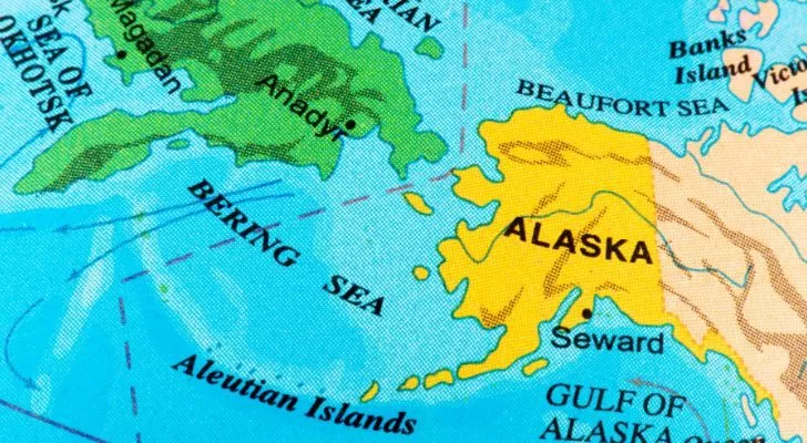 A map showing Alaska, the Bering Sea, and Kamchatka, Russia