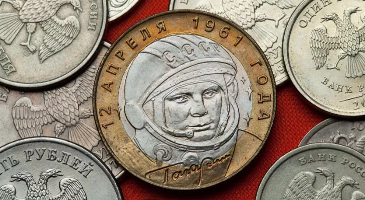 A coin commemorating Yuri Gagarin, the first man in space.