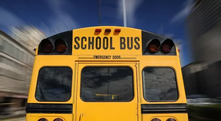 A rear view of a school bus