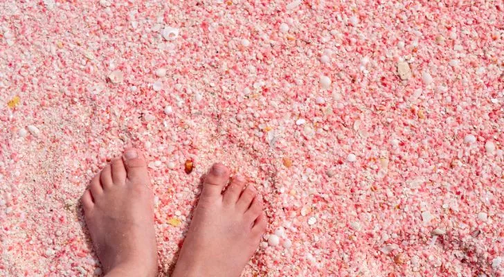 Two feet in pink sand