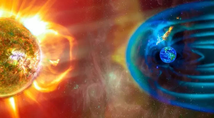 A view in space of the Sun's radiation being deflected by Earth's magnetic field