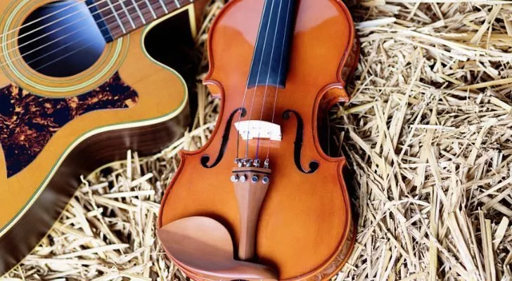 A guitar and a violin next to each other on some straw