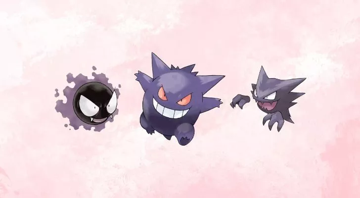 The Pokémon Gastly, Haunter and Gengar stand in a line