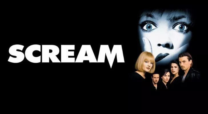 The word "scream" in large letters next to a woman's shocked face and the cast of the movie