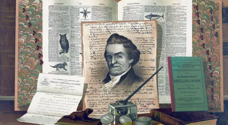 A collection of notes with an image of Noah Webster in the center