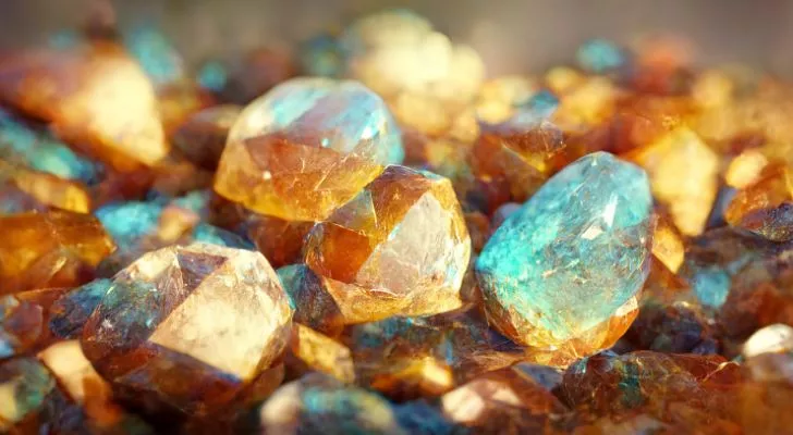A collection of topaz gemstones, with colors ranging from amber-gold to pale blue