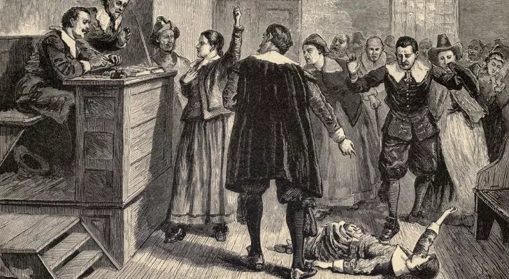 A scene from a courtroom in the Salem witch trials